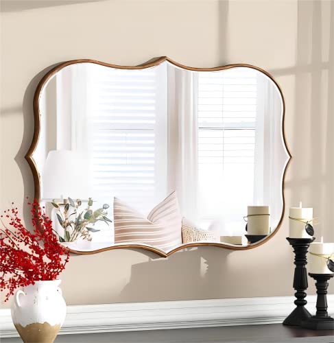 SHYFOY Große goldene Spiegel für die Wand, dekorativer Anqitue-Bronze-Wandspiegel, gewellt, Wellen-Hängespiegel, Holzrahmen für Flur, Schlafzimmer und Wohnzimmer-Dekor Cover
