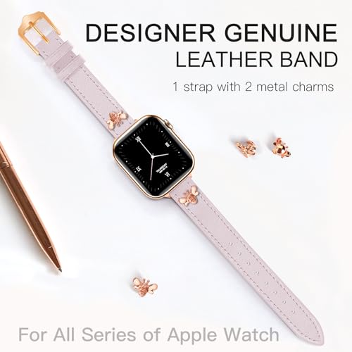 Image of JR.DM Slim Leather Bands Compatible with Apple Watch Band 38mm 40mm 41mm 42mm 44mm 45mm 46mm 49mm, Genuine Leather Band with Charms, Feminine Design for Iwatch Ultra SE Series 11 10 9 8 7 6 5 4 3 2 1