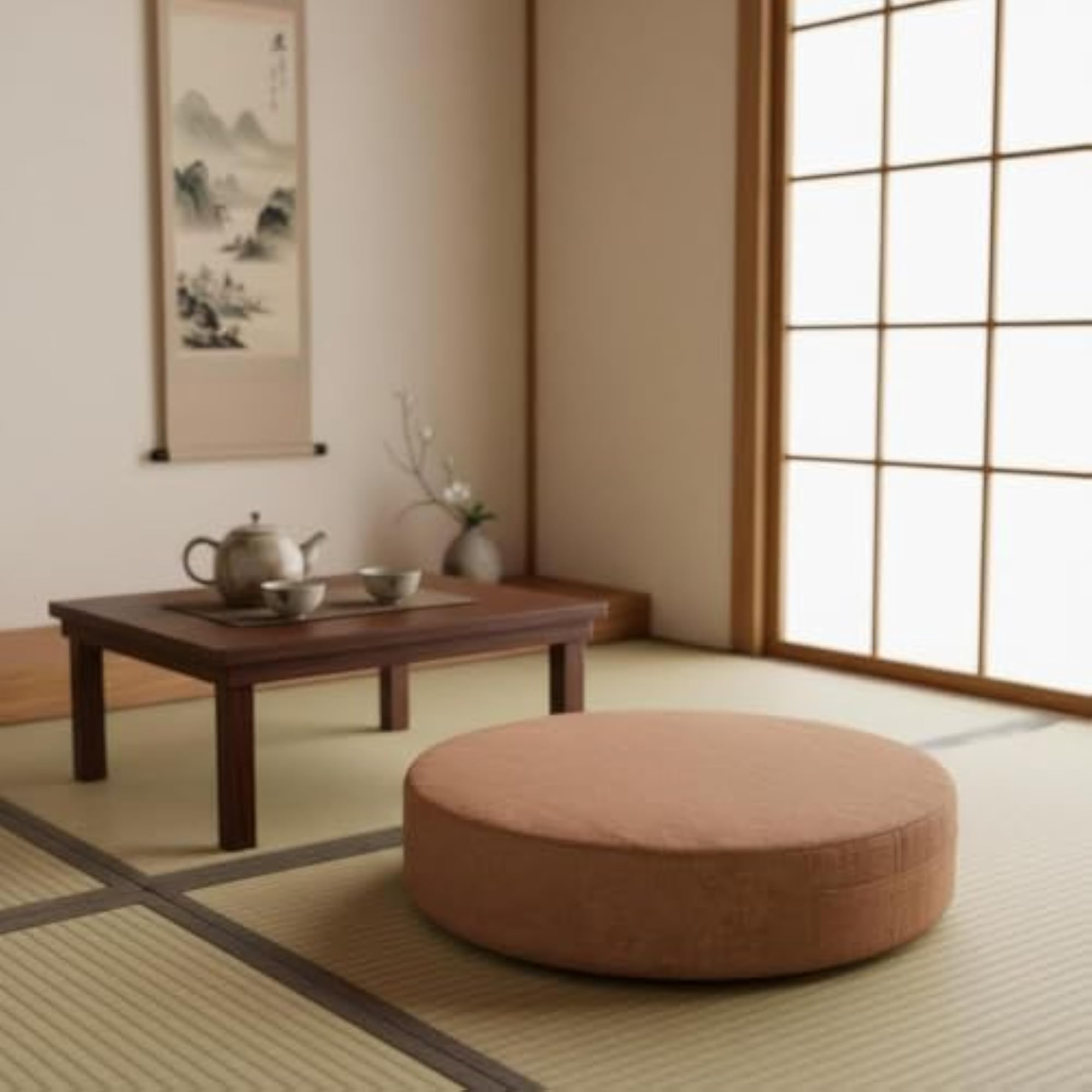 Japanese Tatami Round Meditation Cushion, Removable Cover