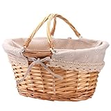 Peohud Wicker Picnic Basket, Woven Empty Easter Basket for Gifts, Picnic Hamper with Double Folding Handles, Willow Garden Harvest Basket with Linen for Candy, Egg Gathering, Toys, Wedding