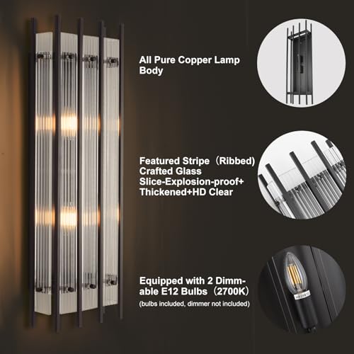 Modern Black Wall Sconce,25in Grand Rectangular Ribbed Glass Wall Sconces,Indoor Hardwired Wall Sconces for Large Spaces,for Living Room,Hallway,Stairway Sconces Wall Lighting,Included E12 Bulbs