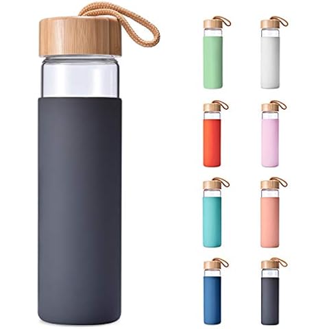 Yomious 20 Oz Glass Water Bottle with Bamboo Lid Cover