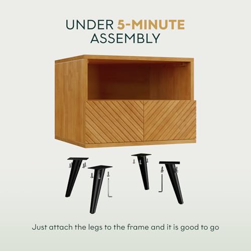 Image of Bme Rhombus Wooden Nightstand with Storage Drawer - Solid Rubber Wood, Geometric Rhombus Pattern Front, Modern Scandinavian Side Table with Metal Base for Bedroom