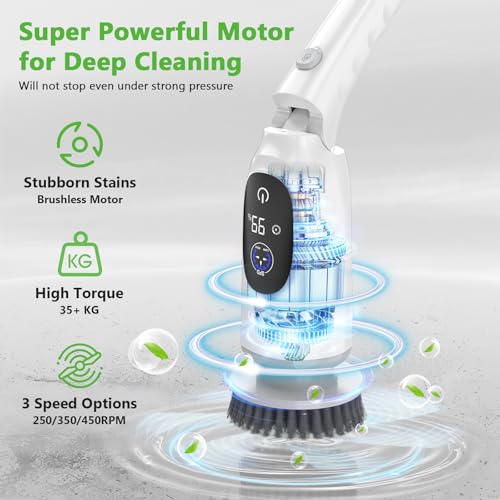 Image of Electric Spin Scrubber, Cordless Cleaning Brush, 3H Work Time, Bathroom Scrubber with LED Display, 3-Speed Extendable Handle, IPX7 Waterproof, 8 Brush Heads for Shower, Tile, Tub, Floor, Toilet, Grout