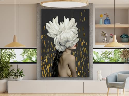 Tableau femme et fleurs 60x90cm avec cadre intérieur pour salon