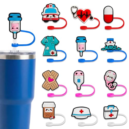 12 Pcs Nurse Straw Toppers Silicone 10mm Cute Straw Covers Cap for 30&40 Oz Tumblers Reusable Medical Nursing Drinking Water Bottle Straws Tips Cup Nurses Gifts Accessories