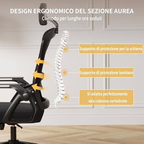 naspaluro Sedia da Ufficio Scrivania Ergonomica, Con Braccioli Pieghevoli, Altezza Regolabile, Seduta e Schienale in Rete Respirante, Girevole con Ruote, Funzione Oscillante Nera - Immagine 4