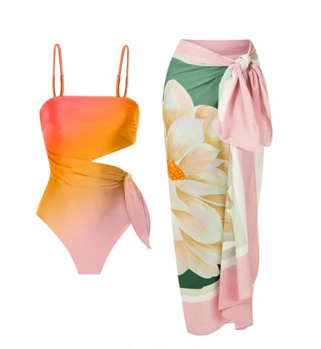 Image of AARAM Stylish Premium Women's One Piece Swimsuit with Cover Ups Wrap Skirt Sarong Floral Print Monokini Tummy Control Swimwear, Printed Costume Women Beach Wear