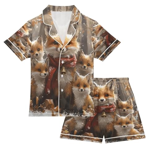 ALAZA Fox Winter Landscape Satin Pajamas Set Short Sleeve Button Down Sleepwear Summer Pjs 2 Piece