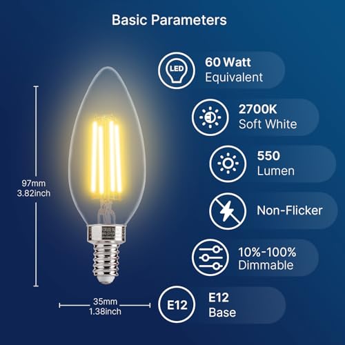 Image of FLSNT 60W Equivalent LED Candelabra Bulbs, Dimmable LED Chandelier Bulbs, E12 Base, 550LM, 90+ High CRI, 12 Pack, 2700K Soft White UL,CA65 Listed.