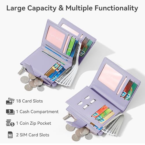 Wallet Women Small Bifold Leather Wallet Woven Embossing Girls Ladies Female Mini Purse with 18 Card Slots + 1 Zipper Coin Pocket + 1 Cash Slot (Light Purple)2