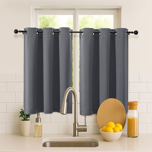 Image of Simplebrand Grey Short Cafe Curtains 36 Inch Length 2 Panels Set, Half Window Grommet Privacy Drape Tiers for Kitchen, Thermal Insulated Room Darkening Curtains for Bathroom Shades, W40 x L36