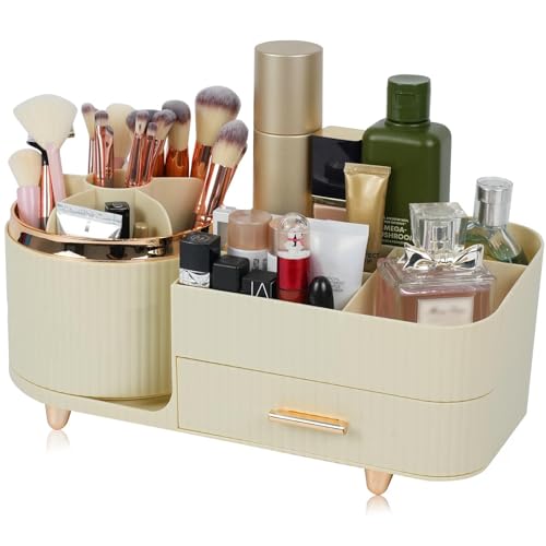 Zufudo Makeup Organizer Countertop with Drawer 360 Rotating Brush Holder Storage Large Capacity Skincare Cosmetic Display Cases for Vanity Bathroom Desktop, Model 3016 Cream