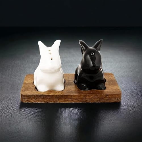 Image of KITTENS 'Hopper Duo' Handpainted Rabbit Shaped Ceramic Salt & Pepper Shaker Set - Black & White - Set of 2 - Food Grade Decorative Tableware for Dining, Kitchen & Gifting