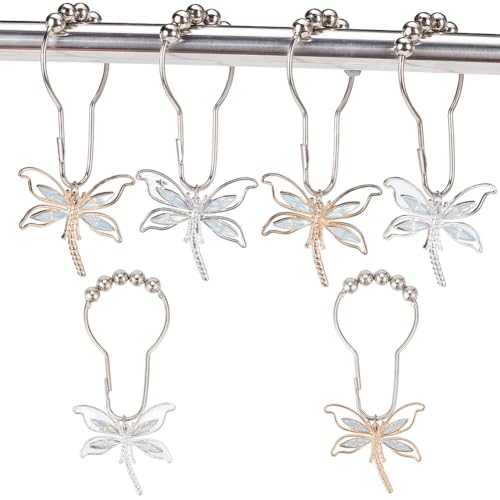 GOMAKERER 12 Pcs Dragonfly Shower Curtain Hooks?2 Colors Iron Shower Curtain Rings with Alloy Dragonfly Pendants Decorative Hooks for Bathroom Shower Curtain Rod