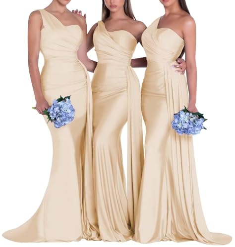 Image of One Shoulder Bridesmaid Dresses for Wedding Long Satin Bodycon Prom Dress Mermaid Formal Evening Gowns