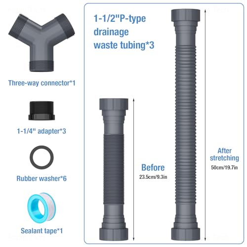 NiHome Flexible P-Trap Drain Kit for Double Kitchen Sink, Universal 1-1/2" or 1-1/4" Wastewater Drainage Pipe with Sealing Tape, Expandable Sink Waste Discharge Tubing for Garbage Disposal (Grey) by NiHome - Image 4