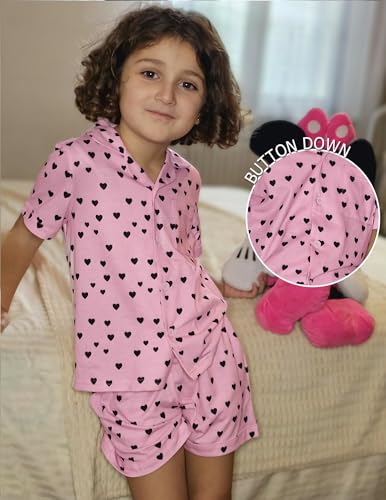 Image of Arshiner Girls Pajamas Sets Short Sleeve Kids Pjs Button Down Sleepwear | Cute Printed Pajamas for Little & Big Girl, Lightweight Comfy Fabric, 2-Piece Outfits, Perfect for Lounge Pajamas Party