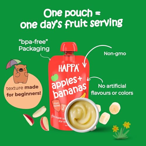 Image of Happa Organic Baby Food Apple and Banana Puree | 100% Fruits | No Added Sugar, No Milk Powder, No Preservatives | Stage 2 (6 Months+) | Ready to Eat | Free from Common Allergens | Pack of 4 (100g Each)