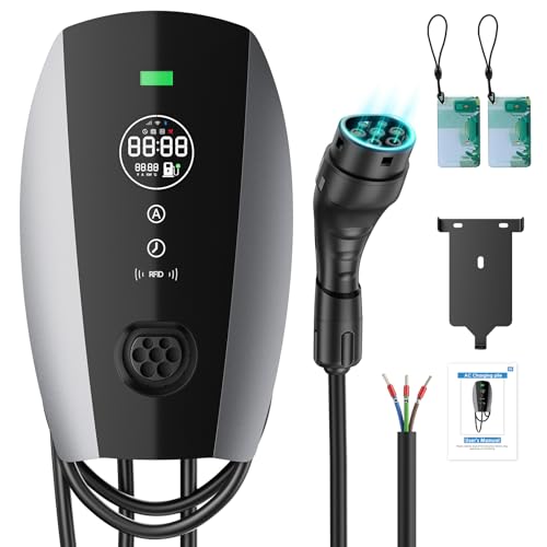 Evjuicion Wallbox 7,4 kW Monofásico Cargador Coche Electrico [6A-32A, 0-12H] Estación de Cargador Tipo 2 con Pantalla Digital Rápida Y 5m Cable Carga Coche Eléctrico Tipo 2 para Interior/Exterior