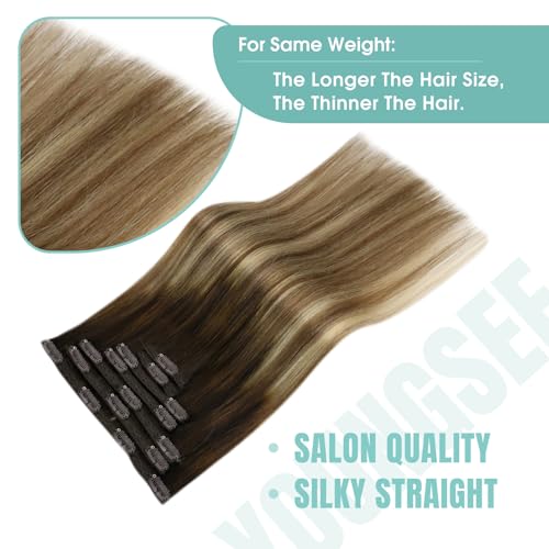 Image of YoungSee Balayage Clip in Hair Extensions Real Human Hair Chocolate Brown Roots to Medium Brown with Blonde Ombre Clip in Extensions Human Hair Clip ins for Women 14inch 120g