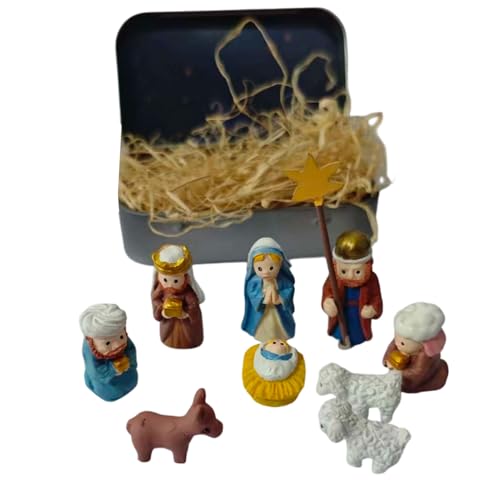 Mppchhn Conjunto de Nacimiento de Estaño - Figuras Sagradas Mini Portátiles 3D Religioso,Elemento Decorativo Navideño de la Sagrada Familia - para Escritorio Estante Oficina Dormitorio Sala De Estar