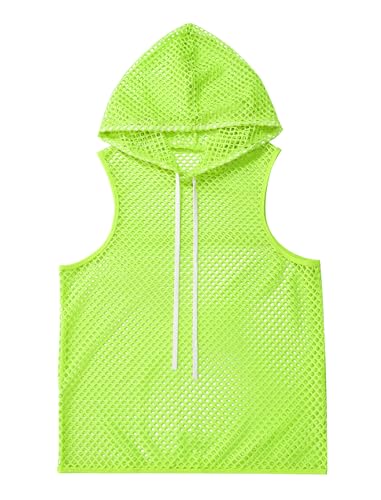 ABAFIP Men Mesh Fishnet Tank Top Sleeveless Drawstring Hoodie Shirt Sheer Muscle Top Rave Clubwear Fluorescent Green Large