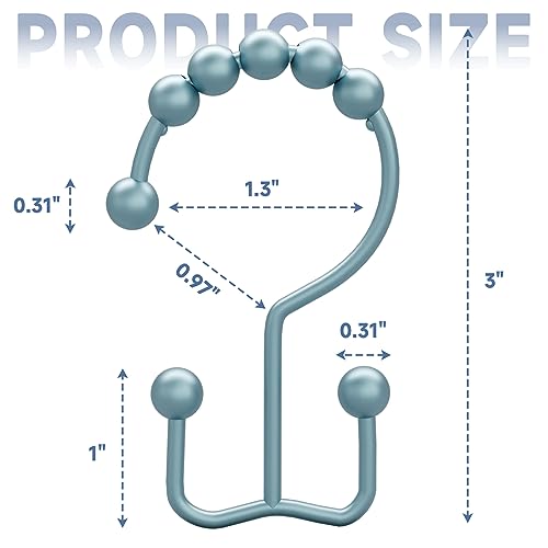 Titanker Shower Curtain Hooks Rings, Rust-Resistant Metal Double Glide Shower Hooks for Bathroom Shower Rods Curtains, Set of 12 Hooks - Lightcyan