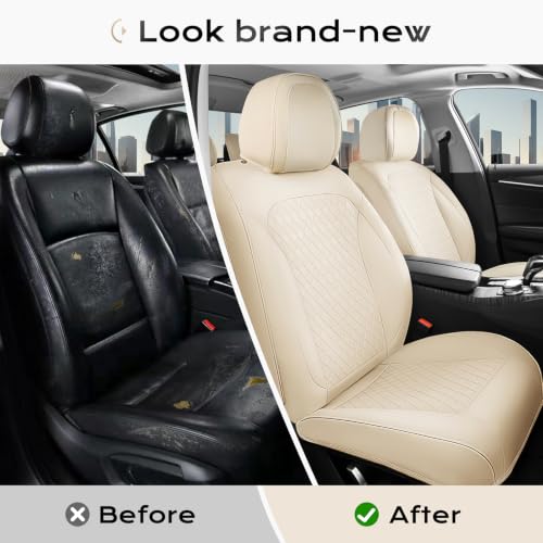Image of Coverado Car Seat Covers for Front Seats, Leather Seat Covers for Cars, Waterproof Automotive Car Seat Protectors, Front Car Seat Cushions Driver Seat Covers Universal Fit for Most Cars, Beige