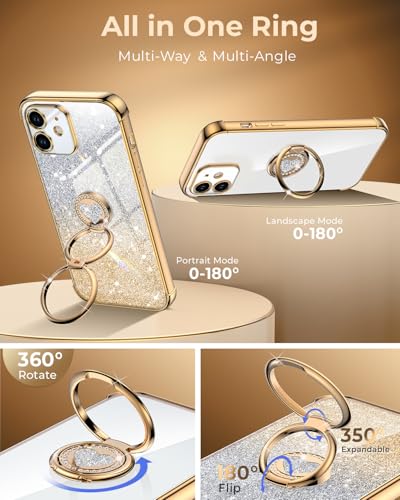 Image of XYZ for iPhone 12 Back Cover Case with Stand, Phone Case with Double Ring Kickstand, Women Girls Bling Luxury Glitter Clear Phone Case Cover Heart for iPhone 12, Gold