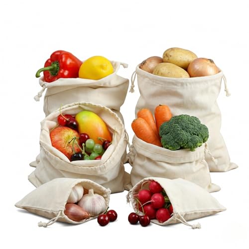 Image of Reusable Cotton Drawstring Storage Bags Set of 6 (2 Small, 2 Medium, 2 Large) | Washable Eco-Friendly Grocery & Vegetable Bags