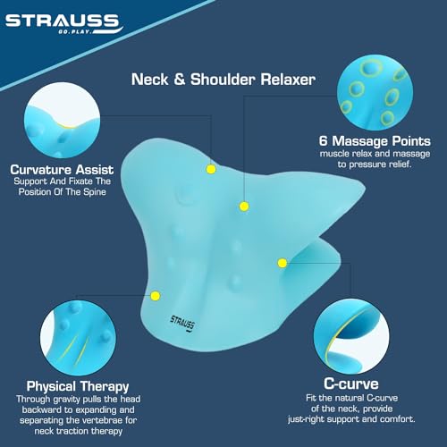 Image of Strauss Neck Support Stretcher | Cervical Pillow | Cervical Traction Device for Relieve in Headache, Muscle Tension, Neck Pain, Shoulder Pain & Spine Alignment | Acupressure Chiropractic Pillow,(Blue)