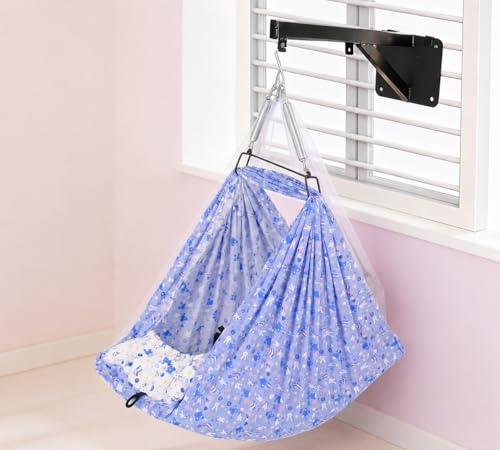 Image of Axmon Baby Cradle Jhula | Heavy Duty Iron Frame Kids Cradle | Weight Capacity Up to 20 kg | Baby Swing Hanger with 1 Inch Support Sheet, Pillow, Safety Belt & Mosquito Net | Blue