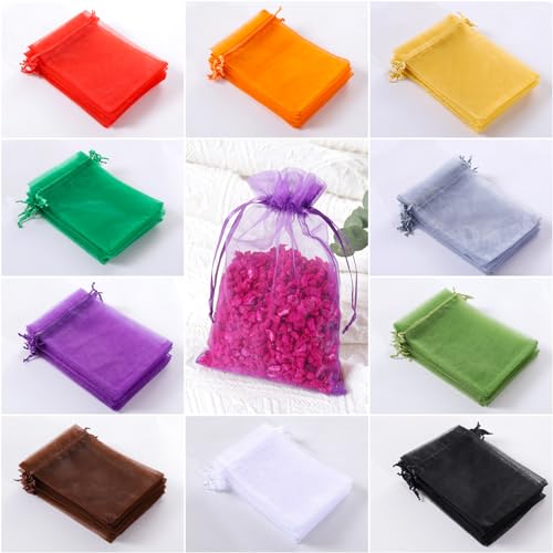 Image of Hopttreely 100PCS Sheer Organza Bags, Mixed Color Wedding Favor Bags with Drawstring, 4x6 inches Jewelry Gift Bags for Party, Jewelry, Festival, Makeup