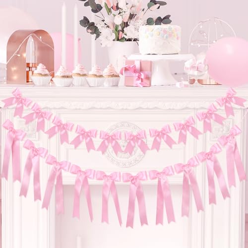 Guirlande de nœuds en ruban rose (Lot de 2) - Décoration satinée pour anniversaire fille
