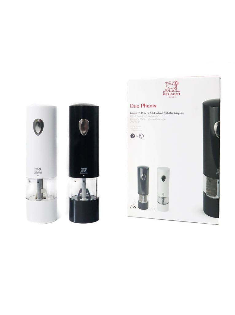 PeugeotPhenix Duo Electric Pepper+Salt Mill Set Blk&Wht. Push button operation. Hardened steel mechanism with . Battery operated. Built-in light. Made in France.