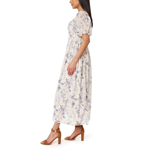 Image of WallFlower Women's Eliza Pleated Bodice Puff Sleeve Chiffon Maxi Dress
