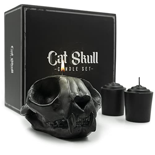 Gavia Cat Skull Candle Set - Scented 3 Pack - Gothic Decor For Bedroom - Goth Decor Home - Spooky Gifts - Skull Decor - Skeleton Decor - Spooky Decor - Black Cat Decor For Home - Coffin Decor Match #TOP14