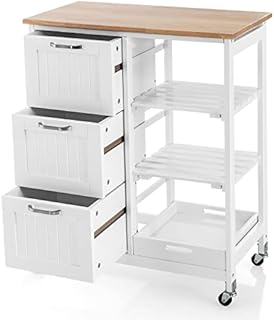 CASART Kitchen Island Trolley Cart, 3 Drawer Kitchen Storage Cabinet, Portable Food Cart with Pine Wood Worktop and Rolling Wheels for Kitchen, Restaurant and Home