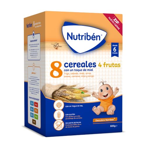 Nutribén Papilla 8 Cereales con un toque de Miel y 4 Frutas | 3600g | Alimento para Bebés a partir de 6 meses | Sin azúcares añadidos | Sin aceite de palma | Paquete de 6 unidades de 600g
