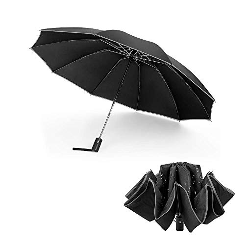 Preisvergleich Produktbild Umgekehrter Regenschirm Taschenschirm, 10 Ribs Regenschirm Automatik Mit Reflektierenden Streifen, Regenschirm Auf Zu Automatik Sturmfest Für Herren Und Damen(Schwarz)