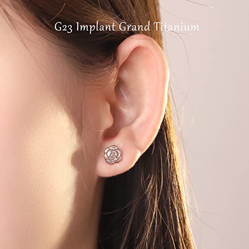 Vojo Rose Flower G23 Titanium Stud Earrings Hypoallergenic Post Pierced Cartilage Lobe Earring Studs With Nickel Free Back For Women And Girls (Rose Gold) #TOP1