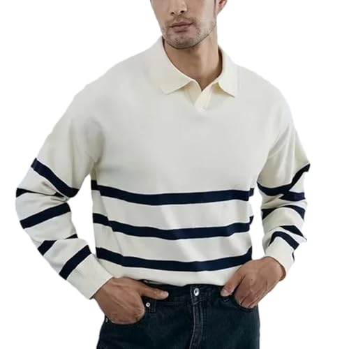 Men’S Simple Turn-Down Collar Striped Knitted Pullover Sweater Casual Loose Long Sleeve Jumper Top