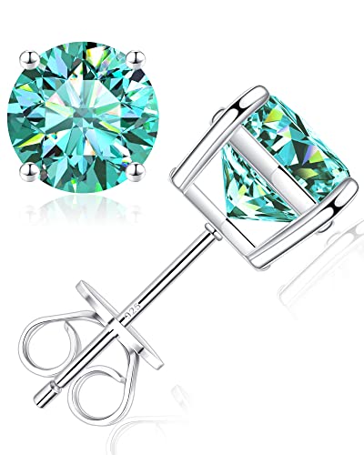 Howoo Moissanite Diamond Earrings For Women, S925 Sterling Silver Diamond Stud Earrings 2Ct D Color Vvs1 Round Cut Birthstone Green Earrings Birthday Christmas Gift For Mom Wife Mother Girlfriend Her #TOP6