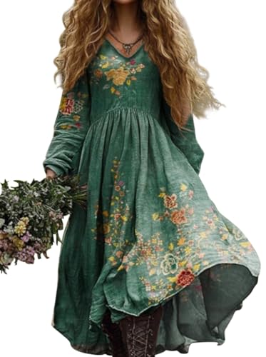 Minetom Damen Langes Boho Kleid Vintage Kleider mit Blumenmuster Langarm Maxikleid Frühling Sommer Blumenkleid Freizeitkleid A Grün 3 3XL