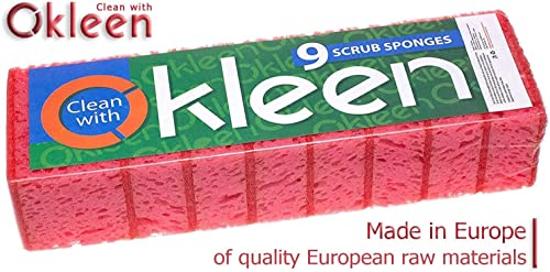 Image of Pink Multi Use Scrub Sponges. Made in Europe. 18 Pack, 4.3x2.8x1.4 inches. Odorless Heavy Duty & Non Scratch Fiber. Durable and Delicate Scrubber for Kitchen & Bathroom, Housekeeping & Outdoors