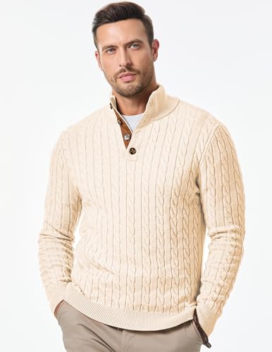 Image of JMIERR Men's Cable Knit Pullover Sweater Casual Long Sleeve Stand Collar Button Knitted Sweaters