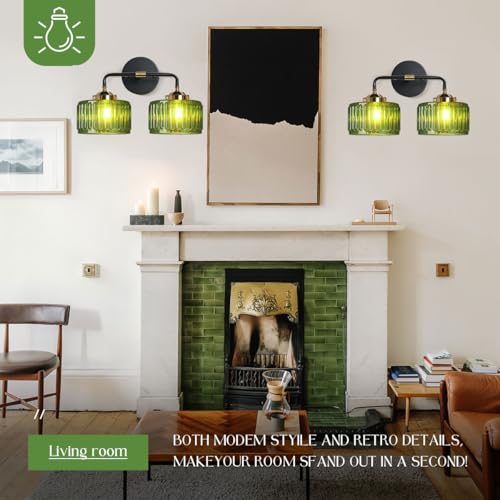 Image of Bathroom Light fixtures Mid Century Wall Sconce 2-Lights with Green Striped Shade Glass Wall Mount Light Modern Vanity Lights for Over Mirror Bedroom Hallway Overhead