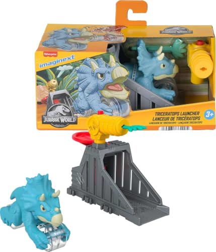 Fisher-Price Imaginext Jurassic World Launcher Set with 4.25-inch Chomping Toy Triceratops Dinosaur, Blaster & Food Projectile​
