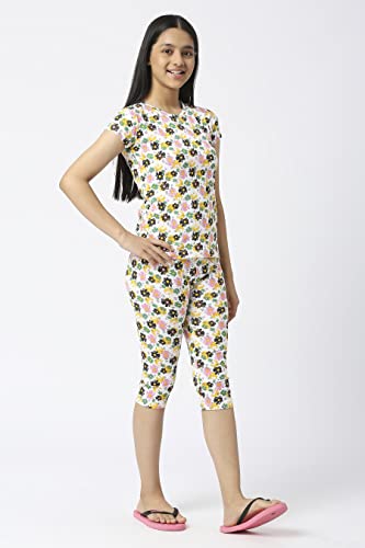 Image of SINI MINI Round Neck with Half Sleeve Top & Capri Beige Girls Casual Pack of 1 Night Suit Set
